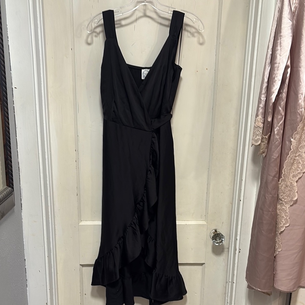 Blue Rain Black Satin Elegant Cross Body Ruffle Sleeveless Dress Brand New Med
